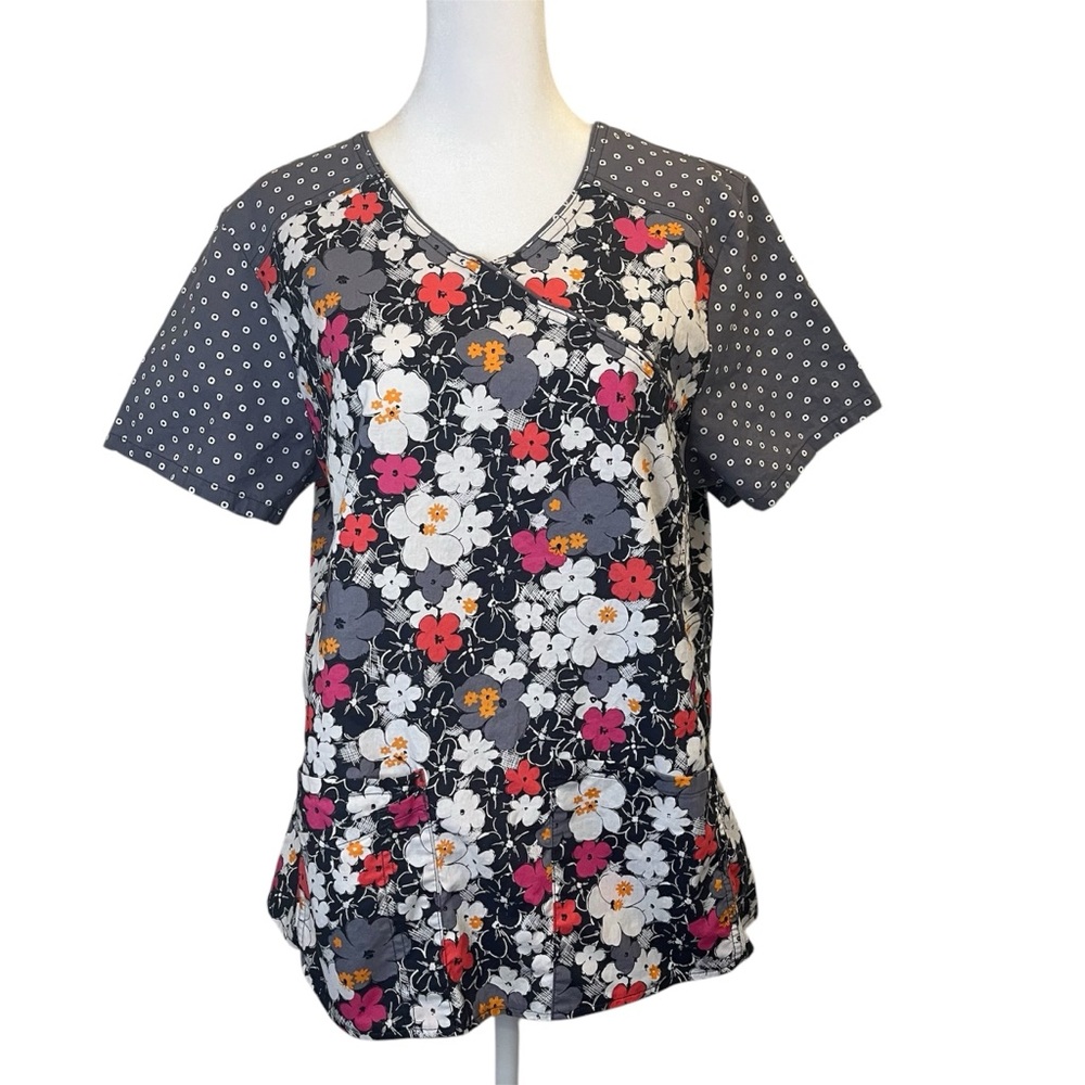 Scrubstar Grey Pink and White Mock Wrap Floral Scrub Uniform Top Women Size M